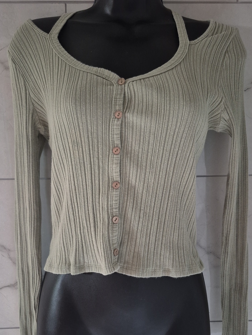Lush Sage Green Ribbed Cold-Shoulder Button-Front Top